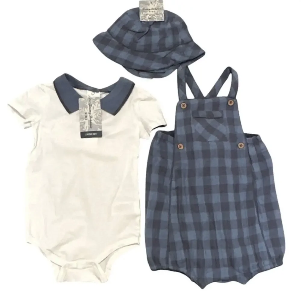 Tommy Bahama Baby Boy 3 Piece Set 18M Blue Plaid Overall Romper Bodysuit Hat NWT